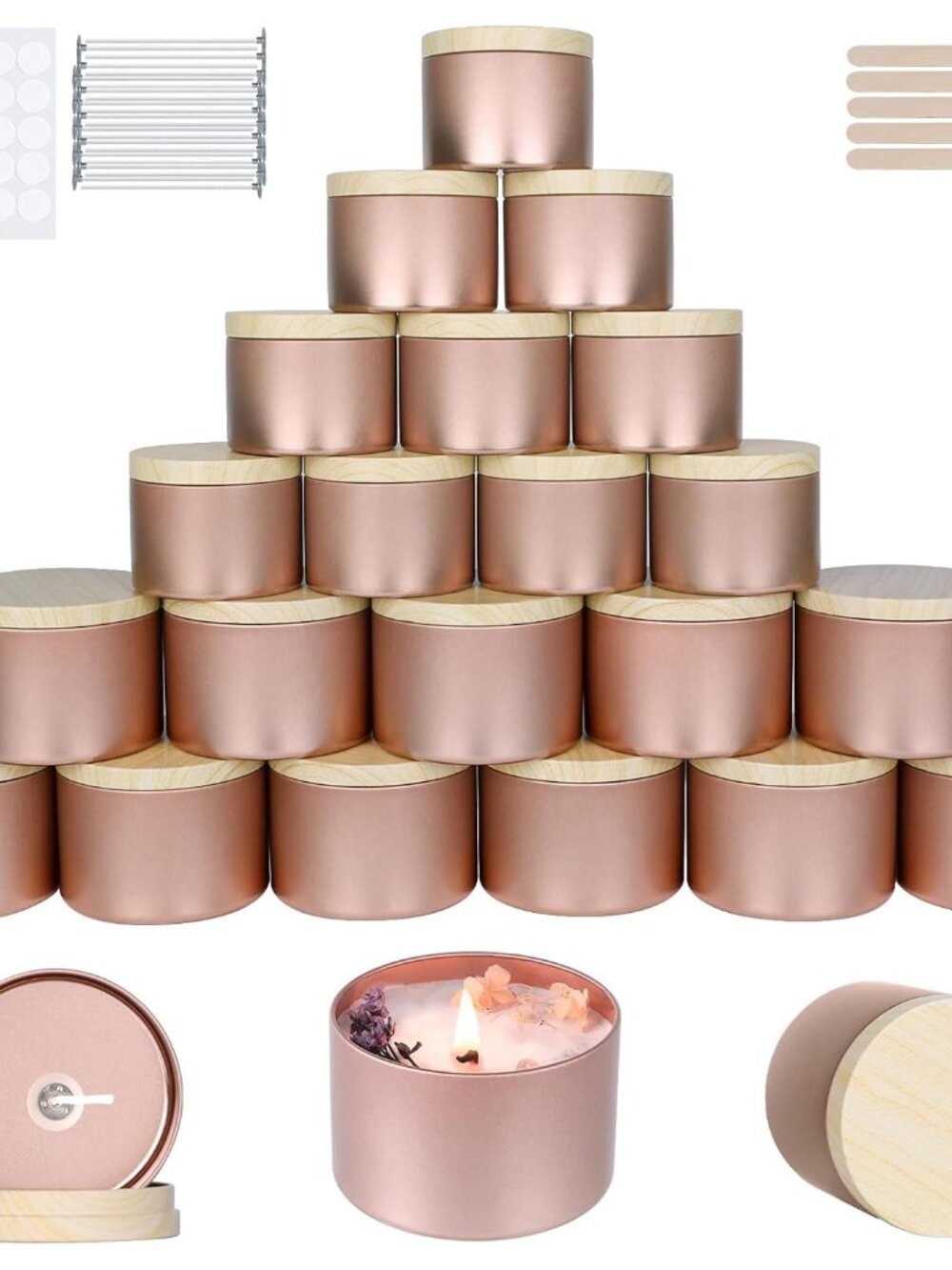 24 Pack - 12pcs 8oz & 12pcs 4oz Rose Gold Candle Tins with Lids